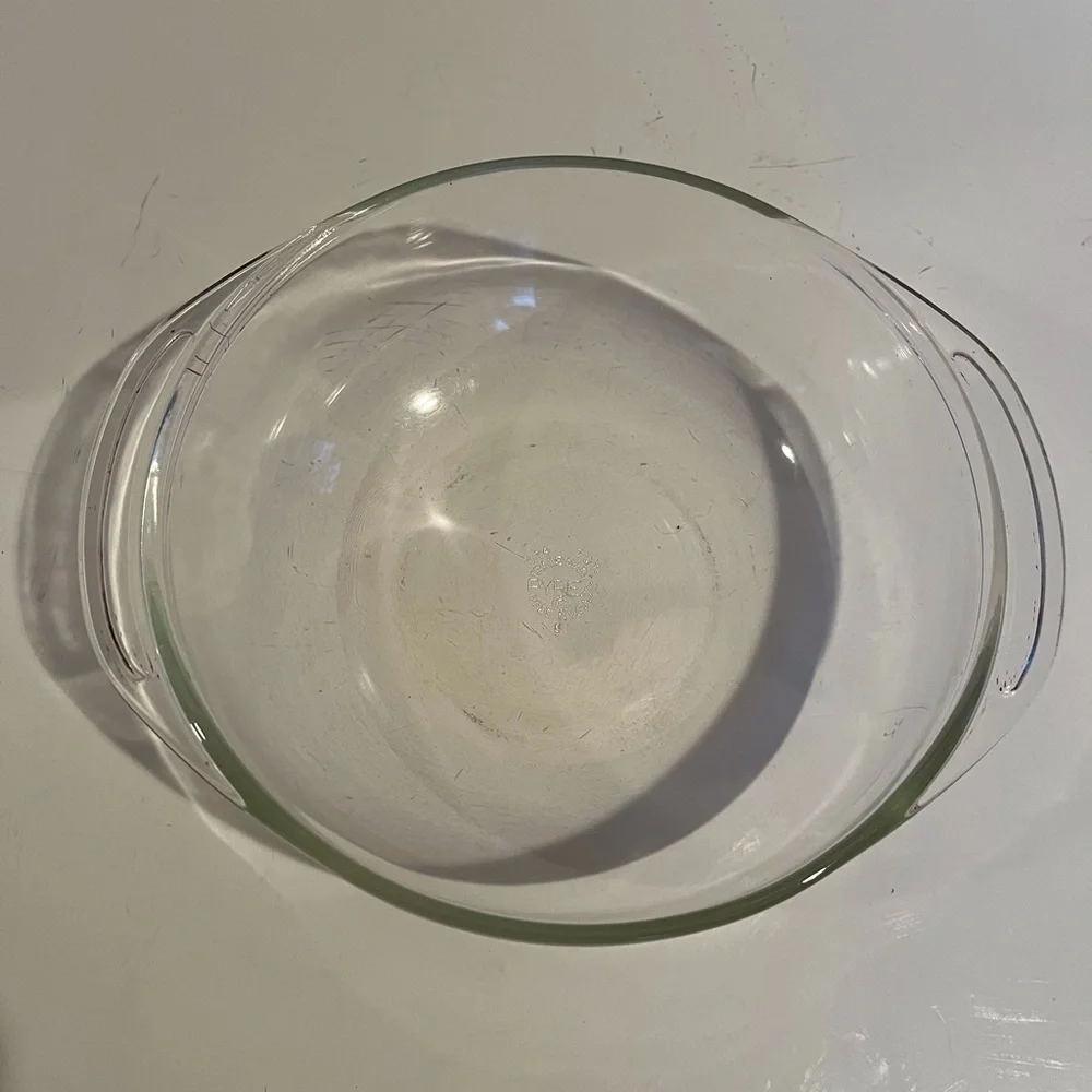 Vintage Pyrex Two Quart Clear Glass Dish with Etched Aluminum Cover and Base